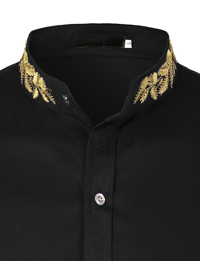 ZEROYAA Mens Hipster Gold Embroidery Mandarin Collar Slim Fit Long Sleeve Casual Dress Shirts Z52 Black Large - Image 4